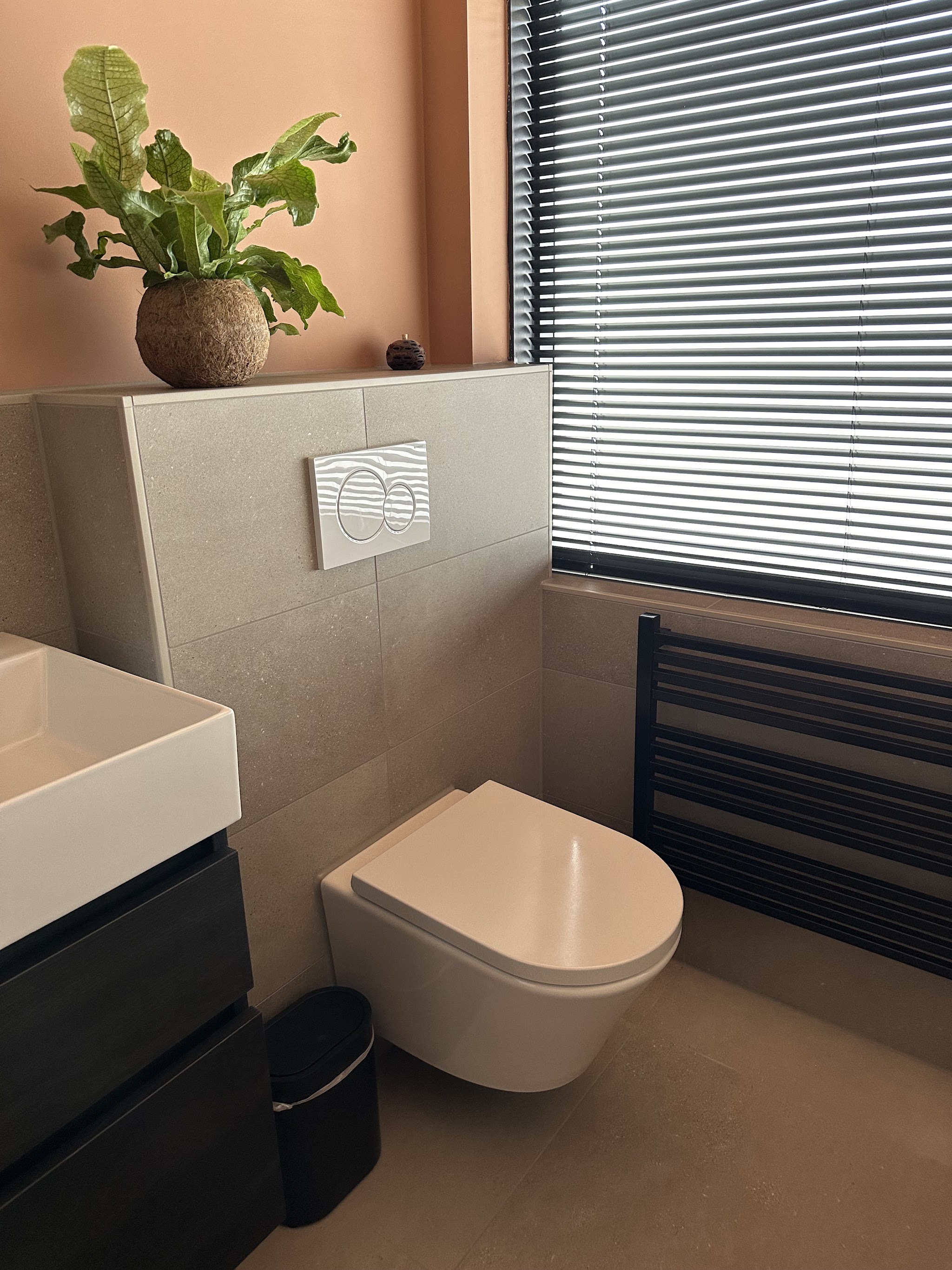 Toiletruimte met beige tegels, hangend toilet en een terracotta wand